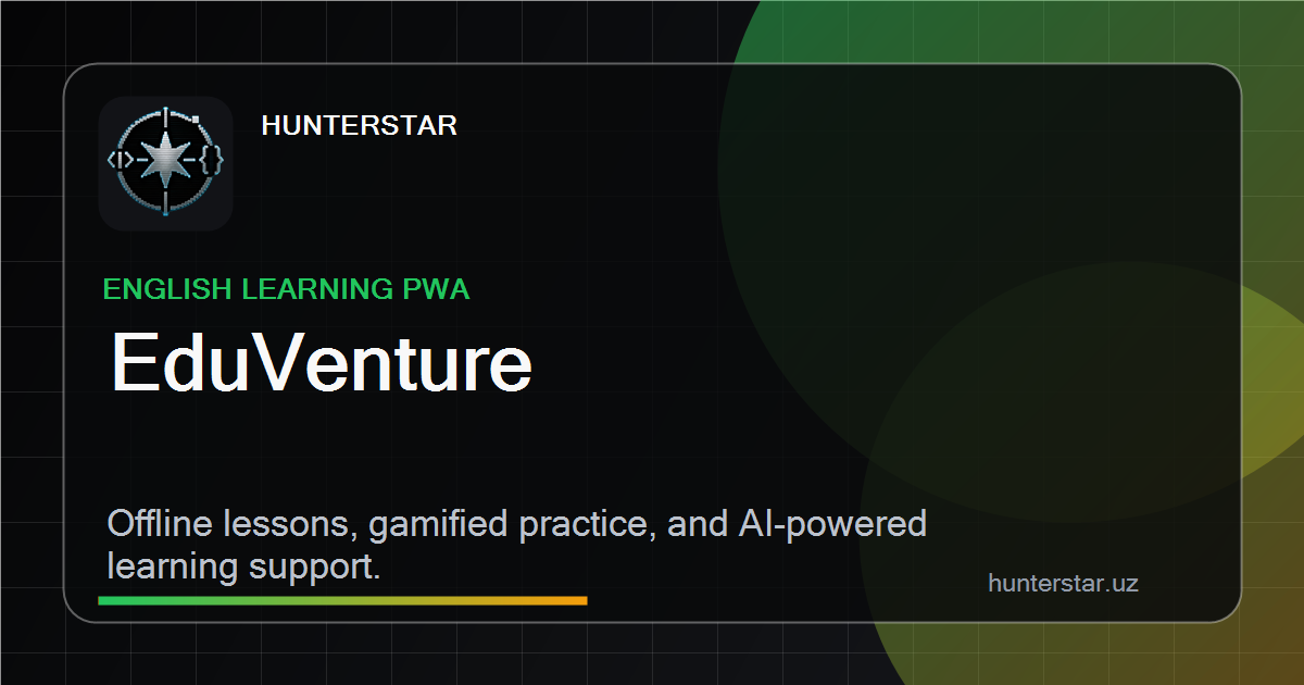 EduVenture English learning PWA preview showing offline lessons, gamified practice, and AI-powered support